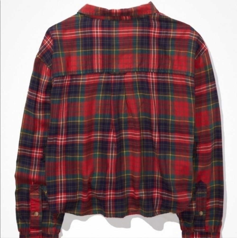 American Eagle AEO Cozy Cabin Cropped Patched Flannel Shirt Red Women's Small S - Picture 4 of 14